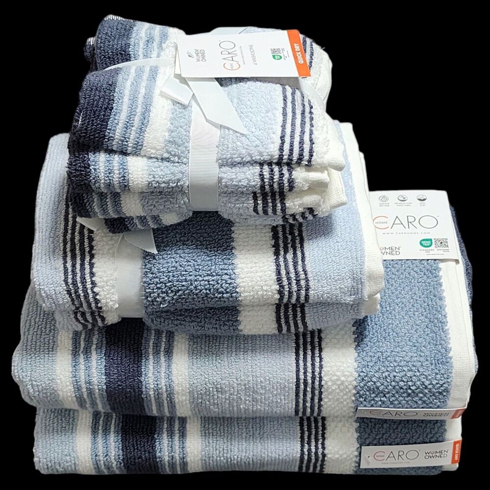 Caro Home 8pc Striped Soft Cotton Towel Set‎ Blue And White 2 Bath 2 Hand 4 Tip